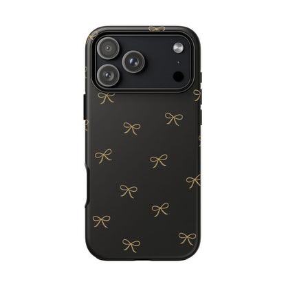 Black Phone Case with Gold Bow Pattern – Slim Protective Cute Aesthetic Cover for Iphone, Samsung Galaxy and Pixel