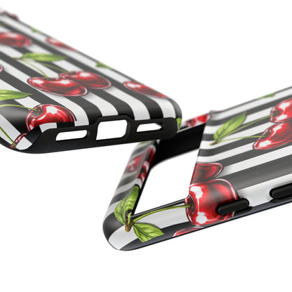 Cherry Pattern Phone Case Black White Stripe Retro Aesthetic Tough Cover