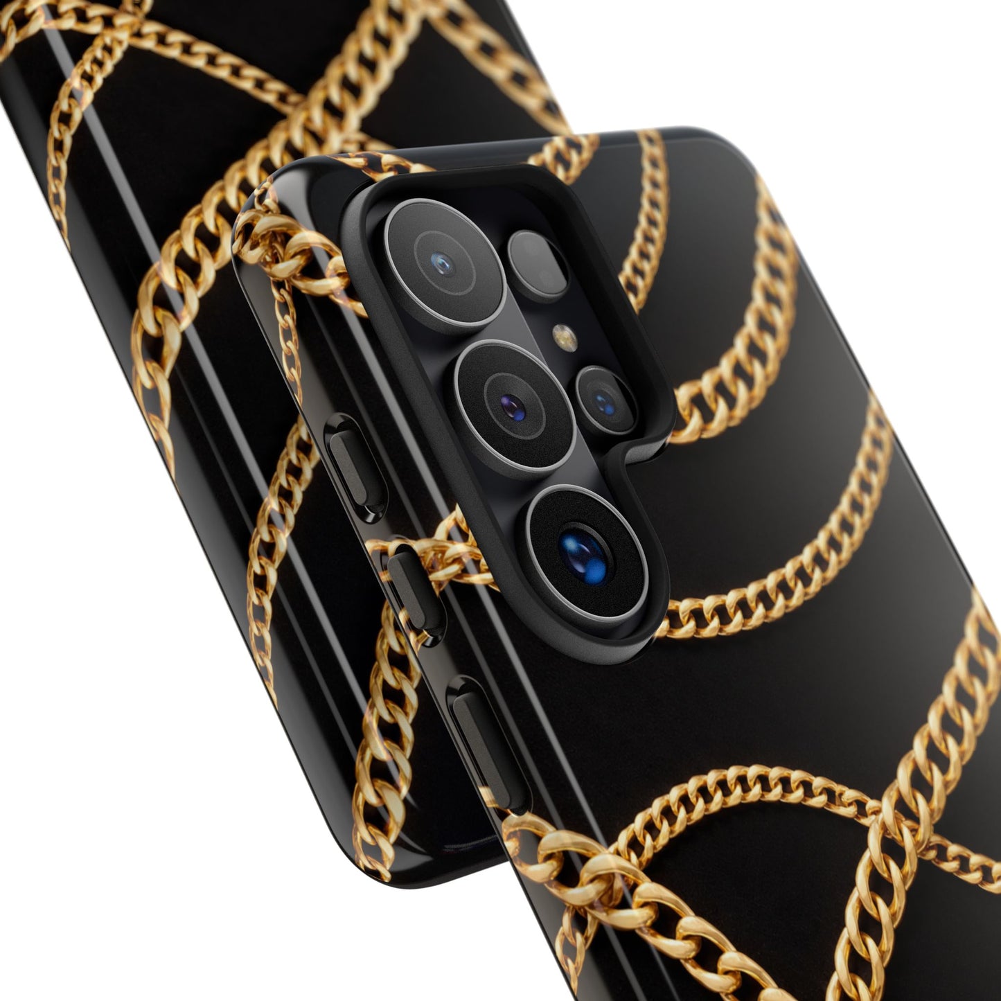 Luxury Gold Chain Phone Case – Black Designer Style Tough Protective Cover for Iphone, Samsung Galaxy and Pixel