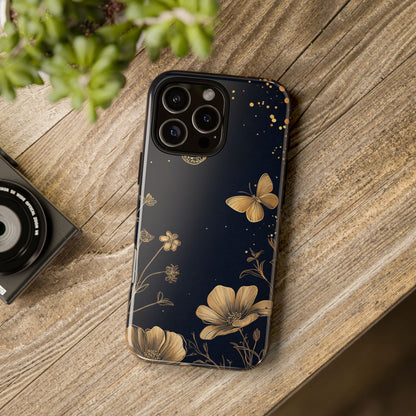 Gold Floral Butterfly Phone Case, Dark Aesthetic Botanical, Elegant Black Luxury iPhone Samsung Cover