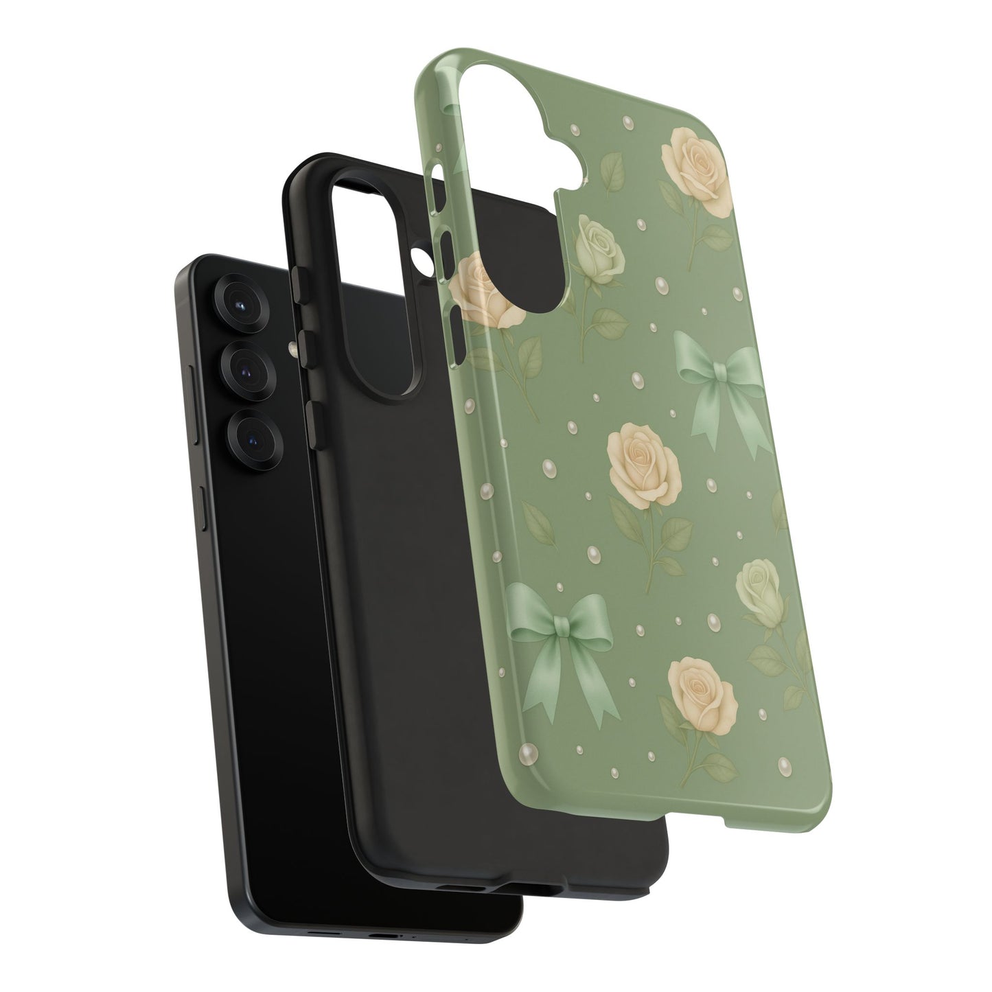 Vintage Rose Bow Phone Case – Sage Green Floral Coquette Aesthetic Tough Case (iPhone, Samsung, Pixel)