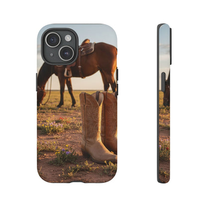 Western Cowboy Boots Phone Case – Rustic Horse Sunset Tough Case (iPhone, Samsung, Pixel)
