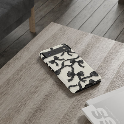 Black Ribbon Bow Phone Case, Minimal Bow Pattern Tough Protective Case