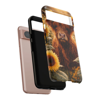Highland Cow Sunflower Phone Case | Floral Farmhouse iPhone, Samsung Galaxy and Pixel Cover