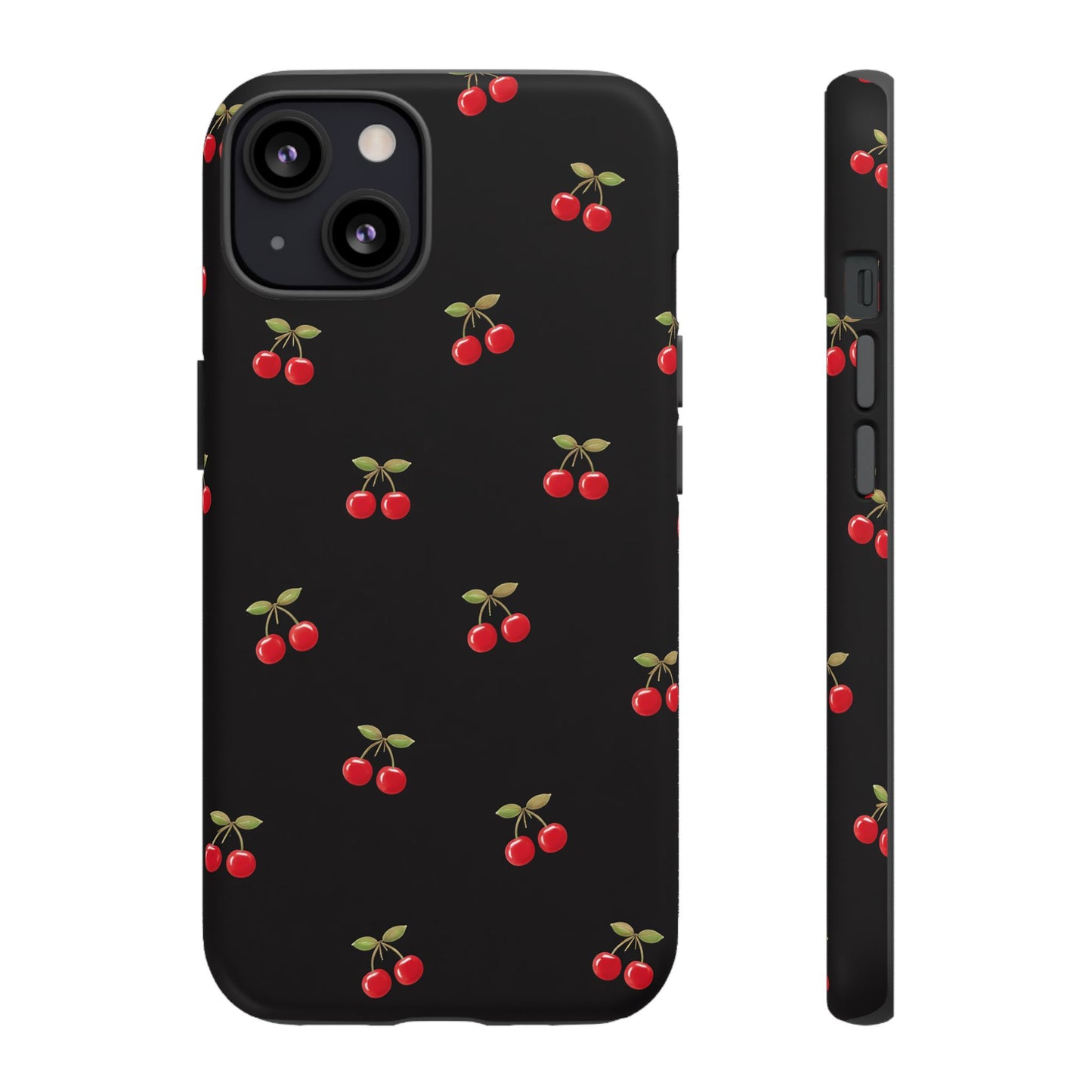 Cherry Pattern Phone Case — Slim Black Protective iPhone Case with Red Cherries for Iphone, Samsung Galaxy and Pixel