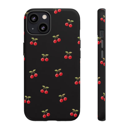 Cherry Pattern Phone Case — Slim Black Protective iPhone Case with Red Cherries for Iphone, Samsung Galaxy and Pixel