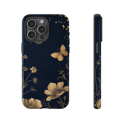 Gold Floral Butterfly Phone Case, Dark Aesthetic Botanical, Elegant Black Luxury iPhone Samsung Cover