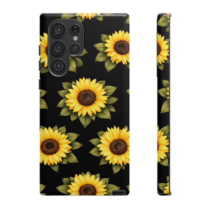 Sunflower Floral Tough Phone Case – Black Background Protective Cover for Iphone, Samsung Galaxy and Pixel