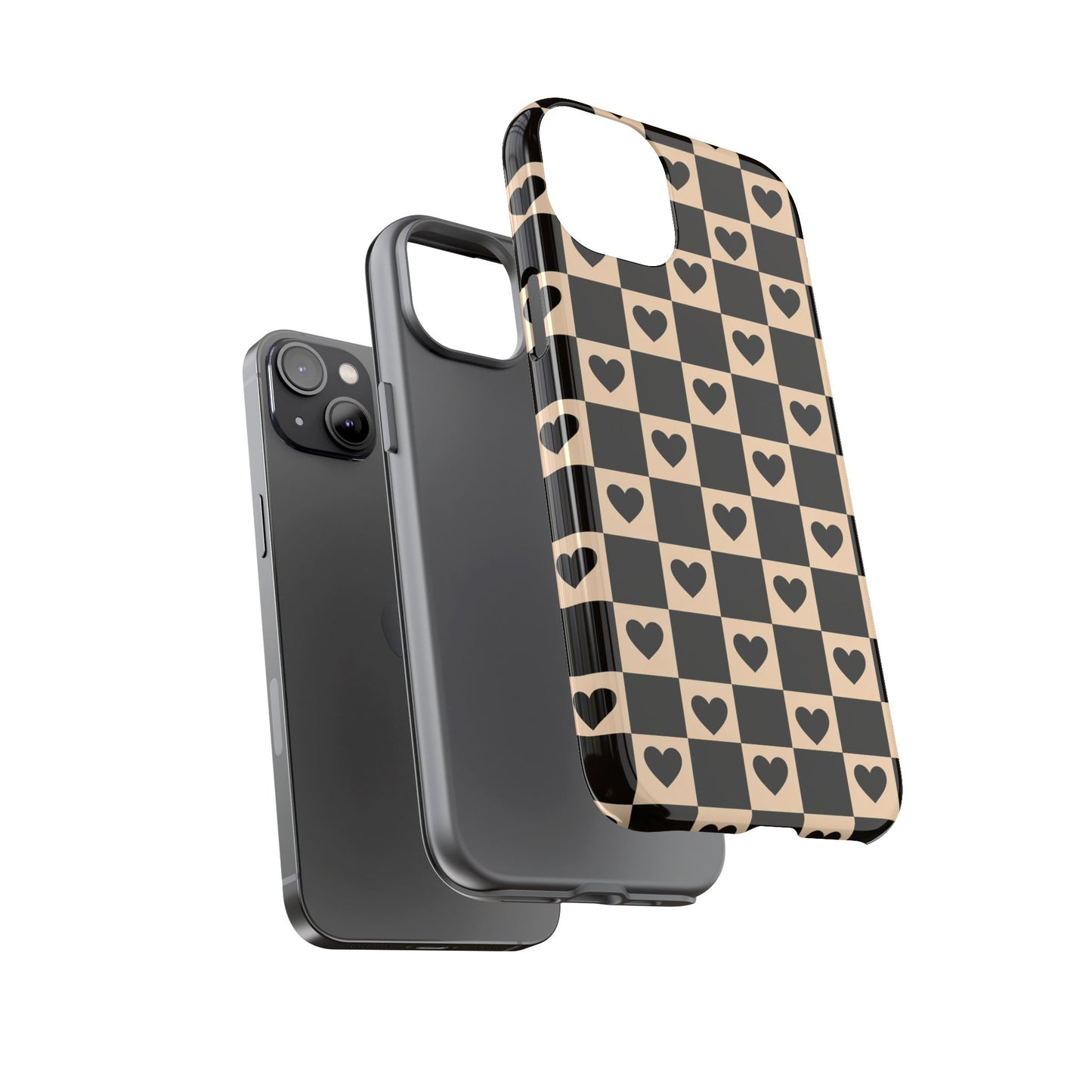 Checkerboard Heart Phone Case – Black & Beige Cute Aesthetic Protective Cover for Iphone, Samsung Galaxy and Pixel