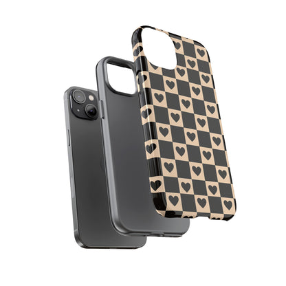 Checkerboard Heart Phone Case – Black & Beige Cute Aesthetic Protective Cover for Iphone, Samsung Galaxy and Pixel