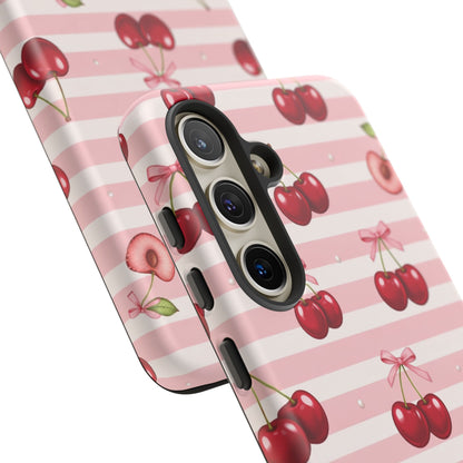 Coquette Cherry Bow Phone Case | Cute Pink Aesthetic Cherry Pattern Tough Case for iPhone & Samsung