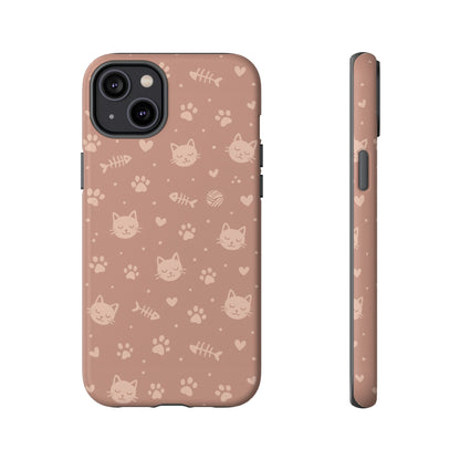Cute Cat Pattern Phone Case | Paw Prints, Fishbone & Yarn Design Tough Case