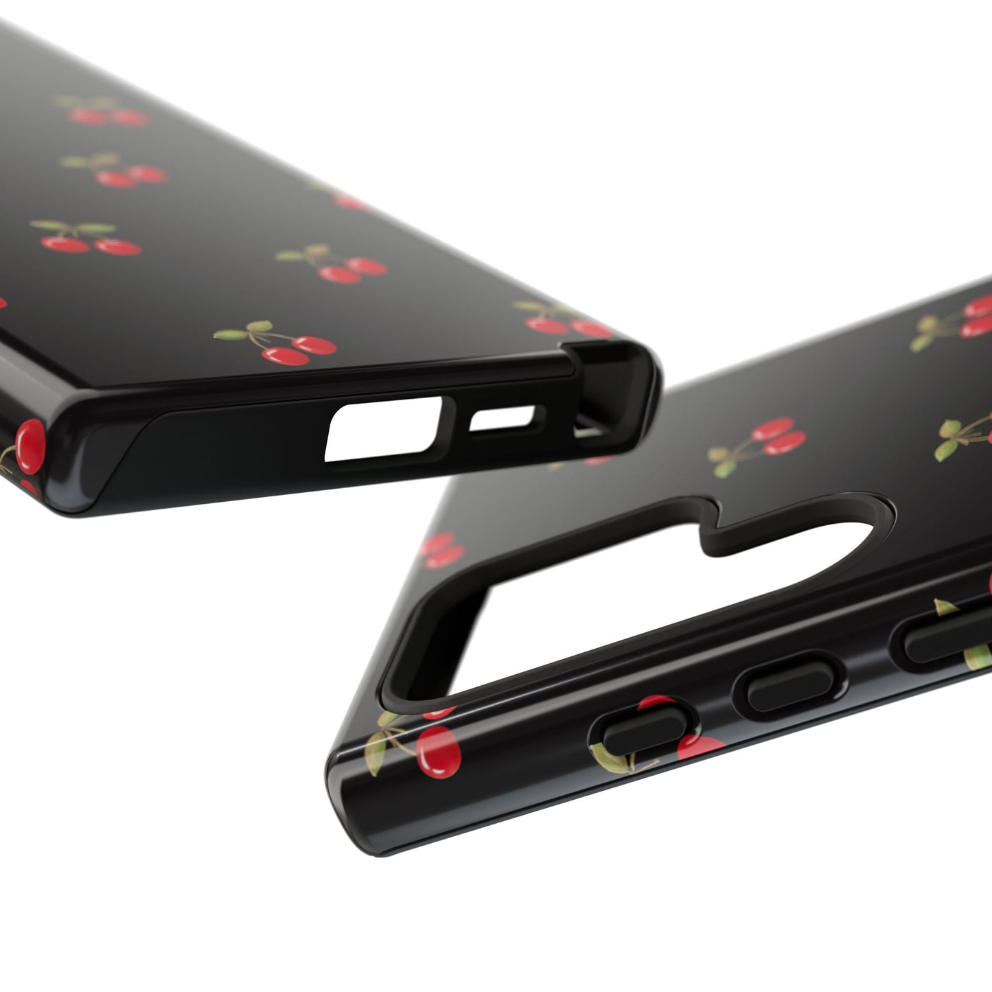 Cherry Pattern Phone Case — Slim Black Protective iPhone Case with Red Cherries for Iphone, Samsung Galaxy and Pixel
