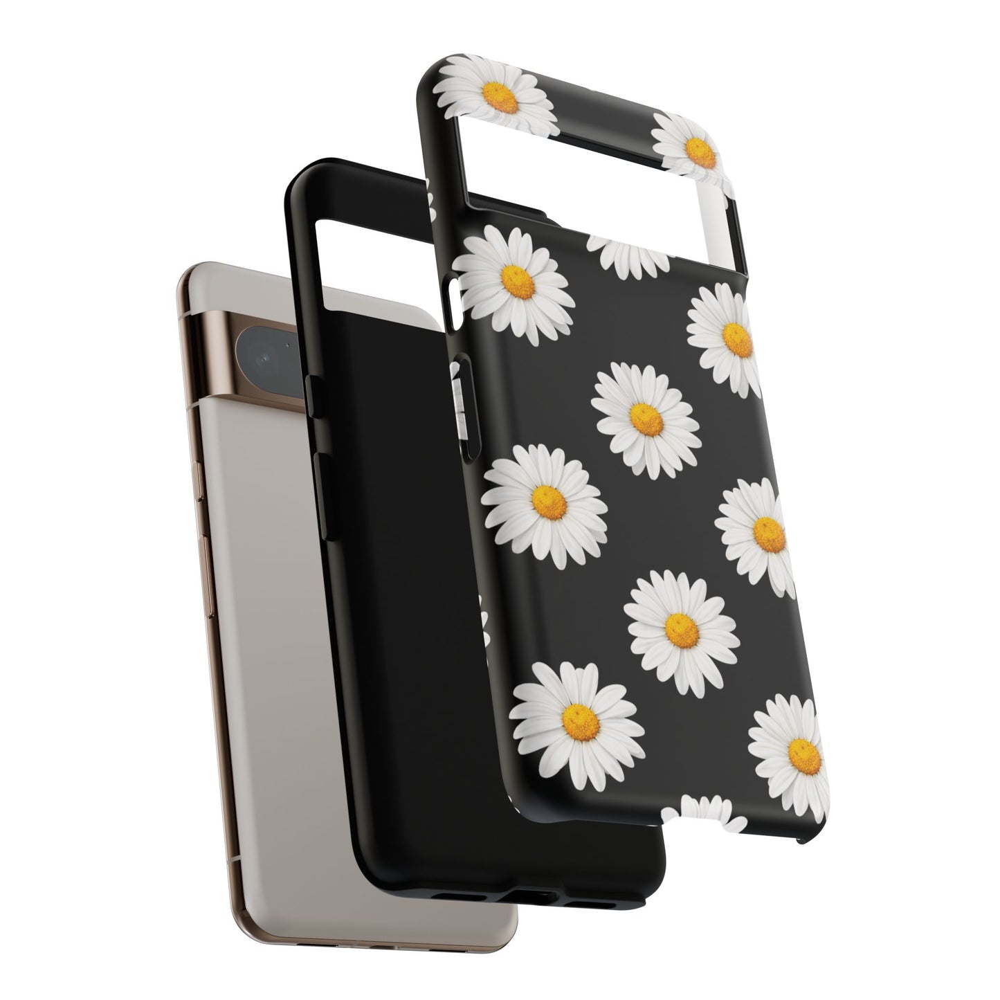 Black Daisy Floral Tough Phone Case – Cute Protective Cover for Iphone, Samsung Galaxy and Pixel