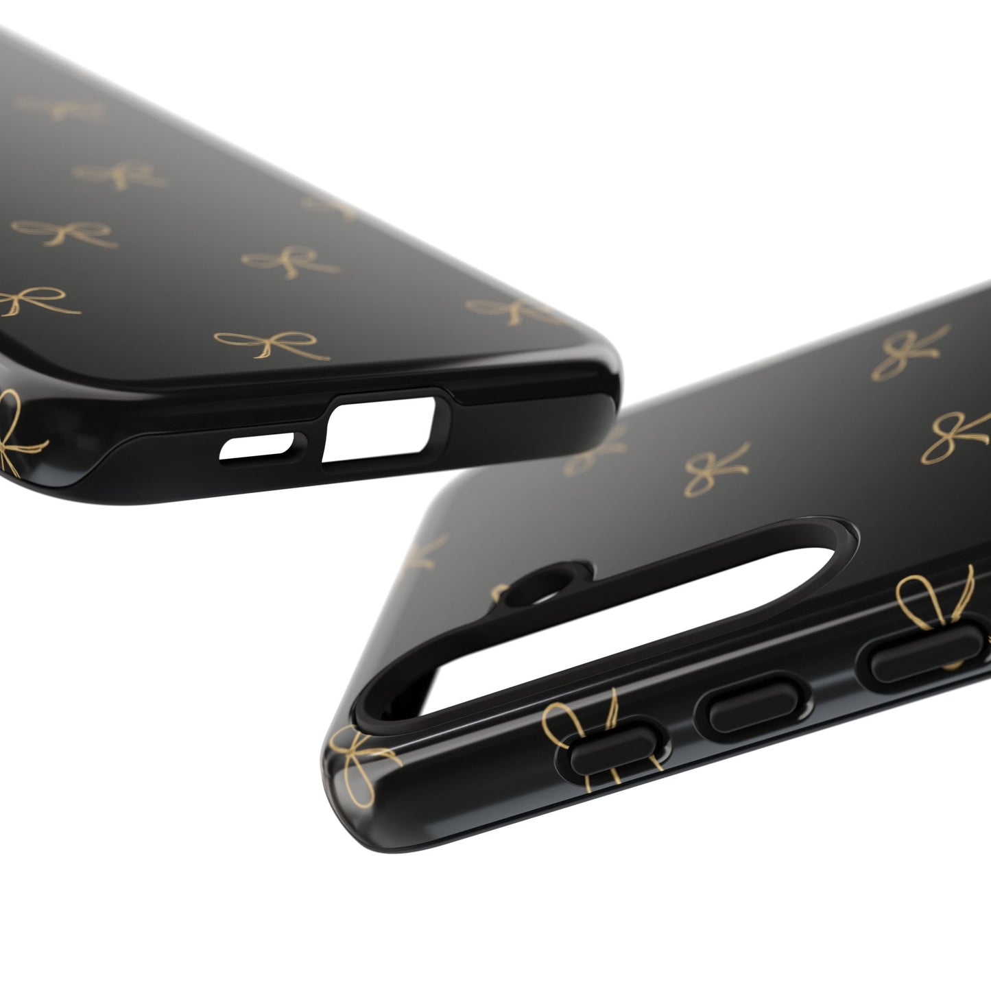 Black Phone Case with Gold Bow Pattern – Slim Protective Cute Aesthetic Cover for Iphone, Samsung Galaxy and Pixel