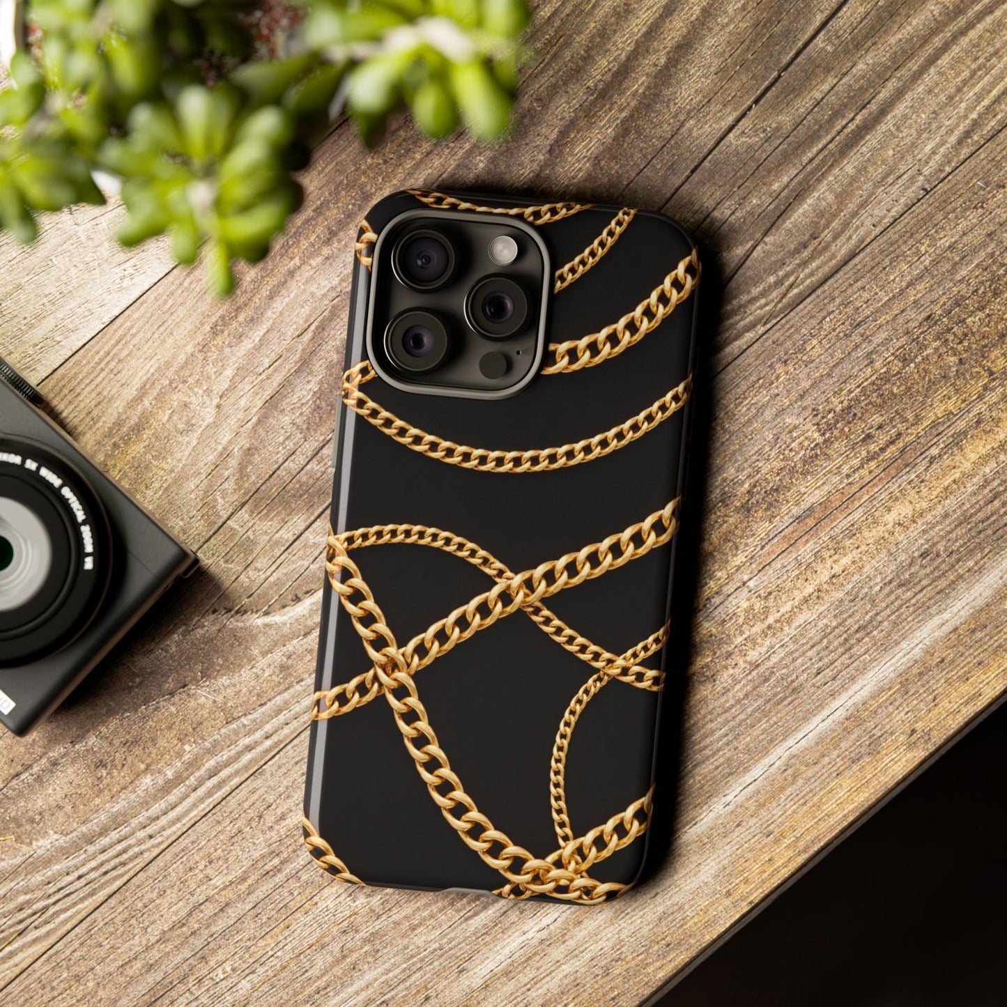 Luxury Gold Chain Phone Case – Black Designer Style Tough Protective Cover for Iphone, Samsung Galaxy and Pixel