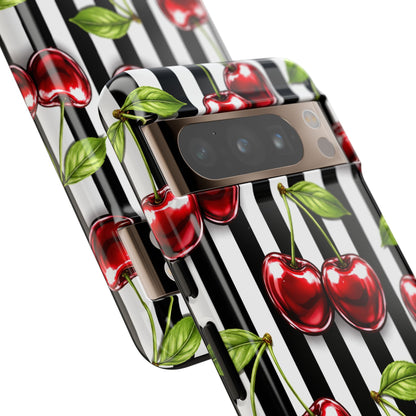 Cherry Pattern Phone Case Black White Stripe Retro Aesthetic Tough Cover