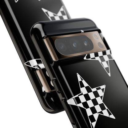 Checkered Star Tough Phone Case – Black Retro Graphic Protective Cover for Iphone, Samsung Galaxy and Pixel