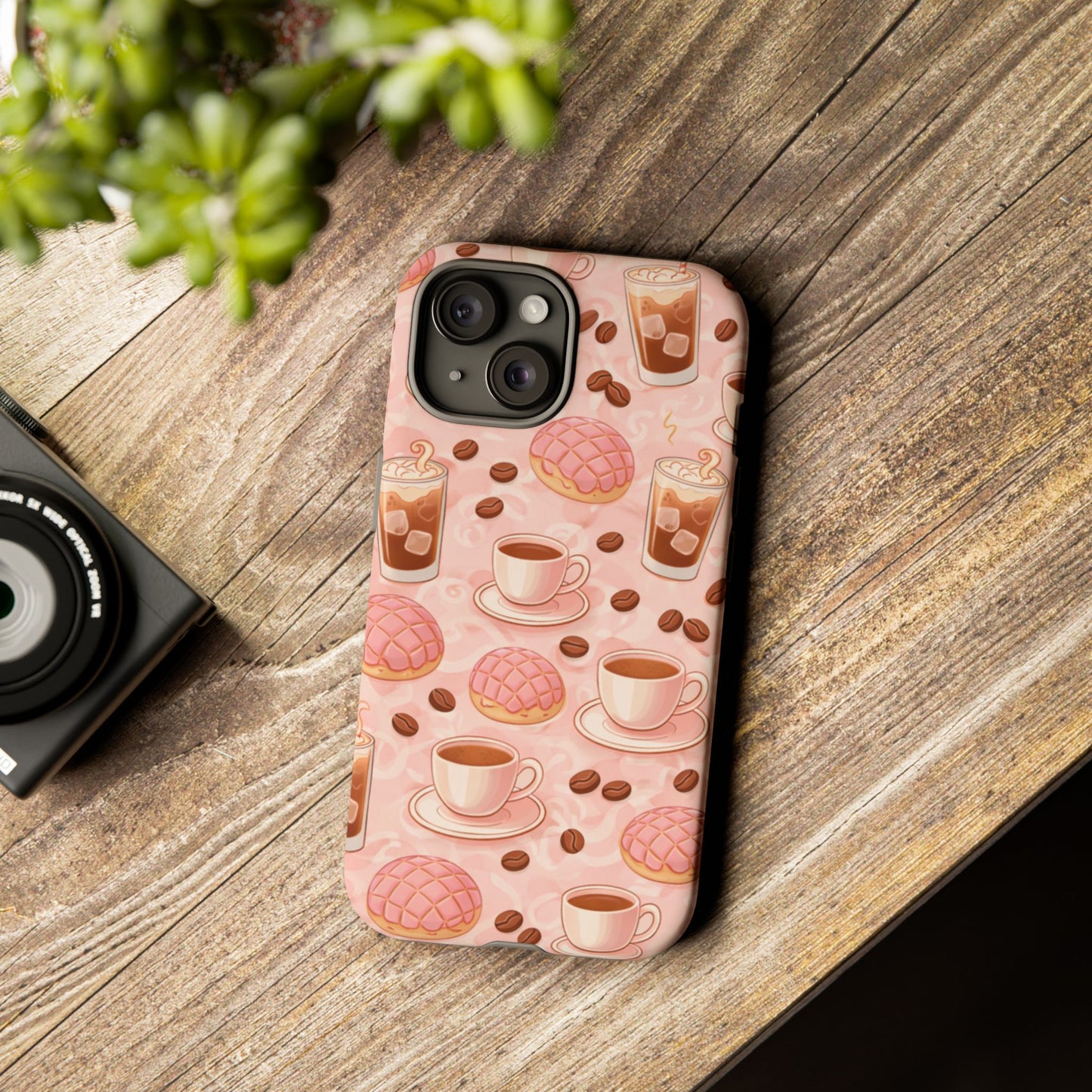Cute Coffee & Pink Concha Phone Case – Coffee Lover Aesthetic Latte Pattern Tough Case