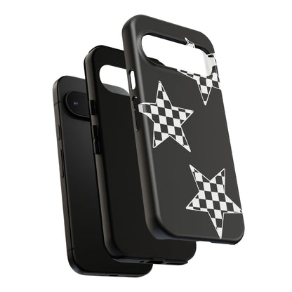 Checkered Star Tough Phone Case – Black Retro Graphic Protective Cover for Iphone, Samsung Galaxy and Pixel