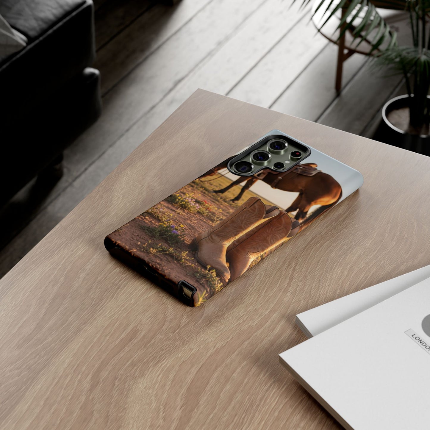 Western Cowboy Boots Phone Case – Rustic Horse Sunset Tough Case (iPhone, Samsung, Pixel)