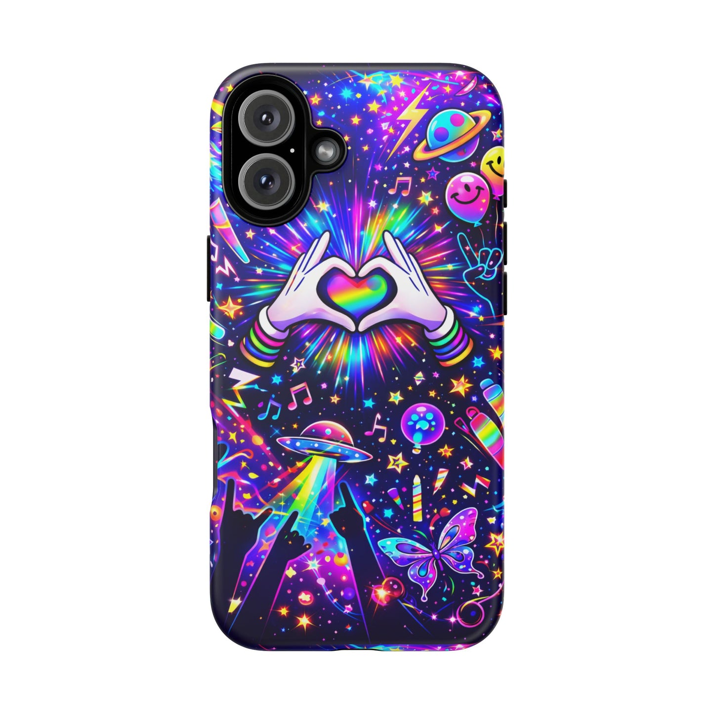 Rainbow Heart Hands Phone Case – Neon Galaxy EDM Festival Tough Cover