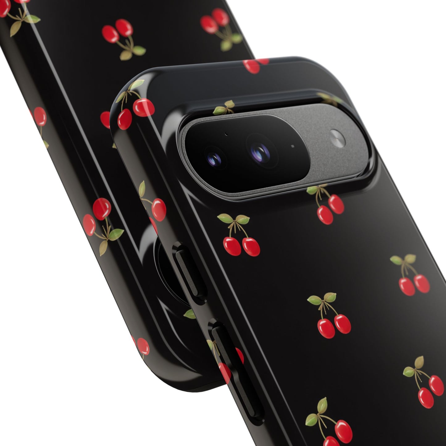 Cherry Pattern Phone Case — Slim Black Protective iPhone Case with Red Cherries for Iphone, Samsung Galaxy and Pixel