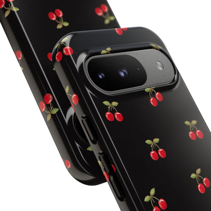 Cherry Pattern Phone Case — Slim Black Protective iPhone Case with Red Cherries for Iphone, Samsung Galaxy and Pixel