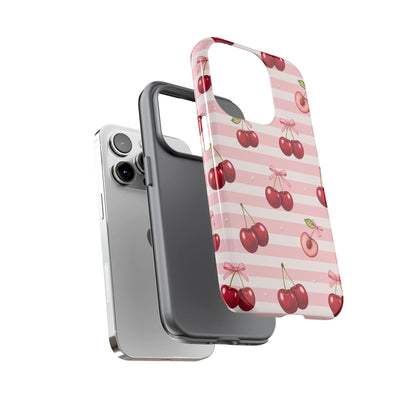 Coquette Cherry Bow Phone Case | Cute Pink Aesthetic Cherry Pattern Tough Case for iPhone & Samsung