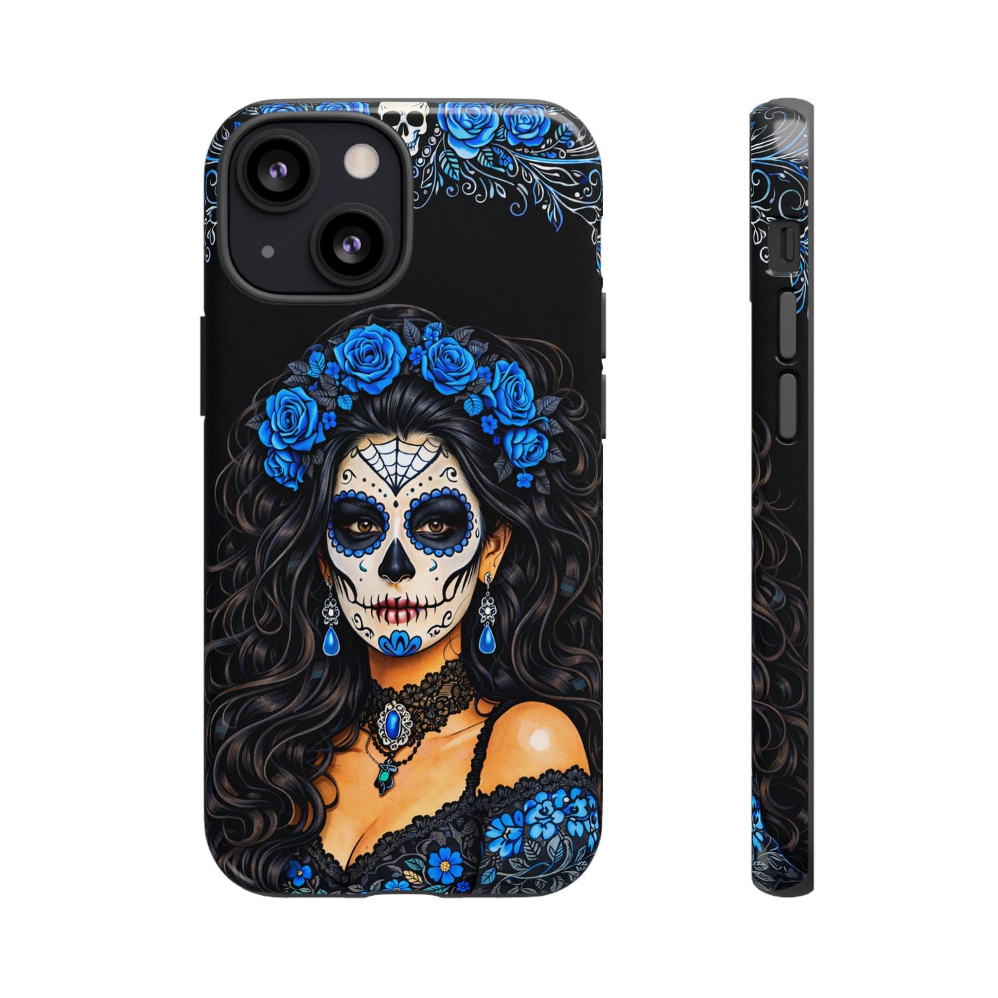 Blue Sugar Skull Woman Phone Case – Day of the Dead Aesthetic Tough Cover