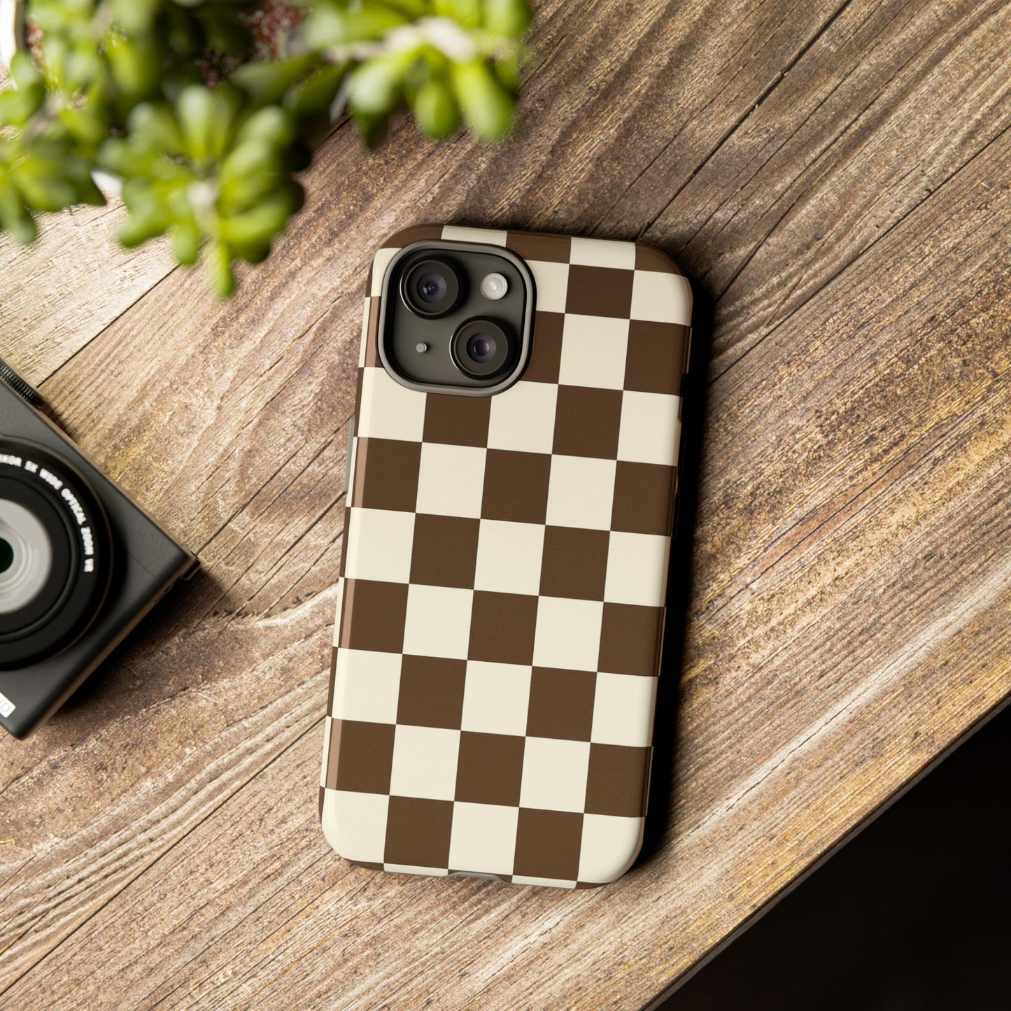 Mocha Checkerboard Phone Case | Neutral Aesthetic Checkered iPhone & Samsung Tough Case