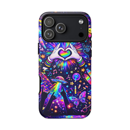 Rainbow Heart Hands Phone Case – Neon Galaxy EDM Festival Tough Cover