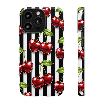 Cherry Pattern Phone Case Black White Stripe Retro Aesthetic Tough Cover