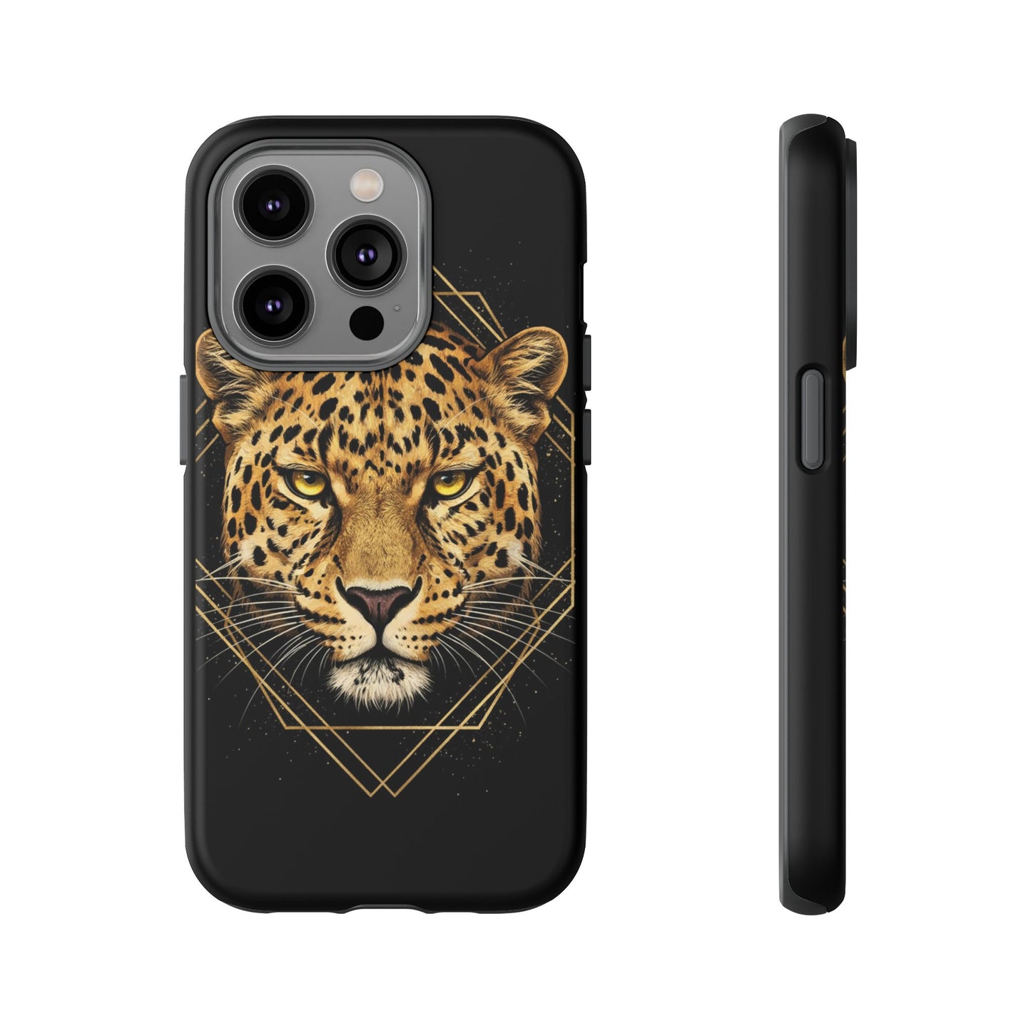 Leopard Head Geometric Phone Case – Black & Gold Luxe Tough Case