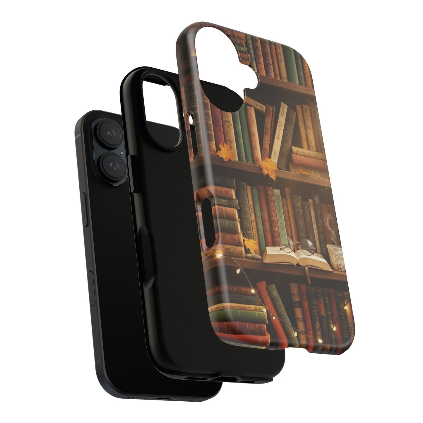 Cozy Vintage Bookshelf Phone Case, Library Aesthetic Book Stack, Autumn Coffee Vibes (iPhone, Samsung, Pixel)