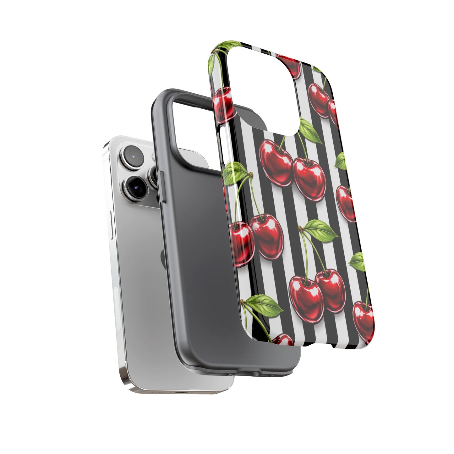 Cherry Pattern Phone Case Black White Stripe Retro Aesthetic Tough Cover