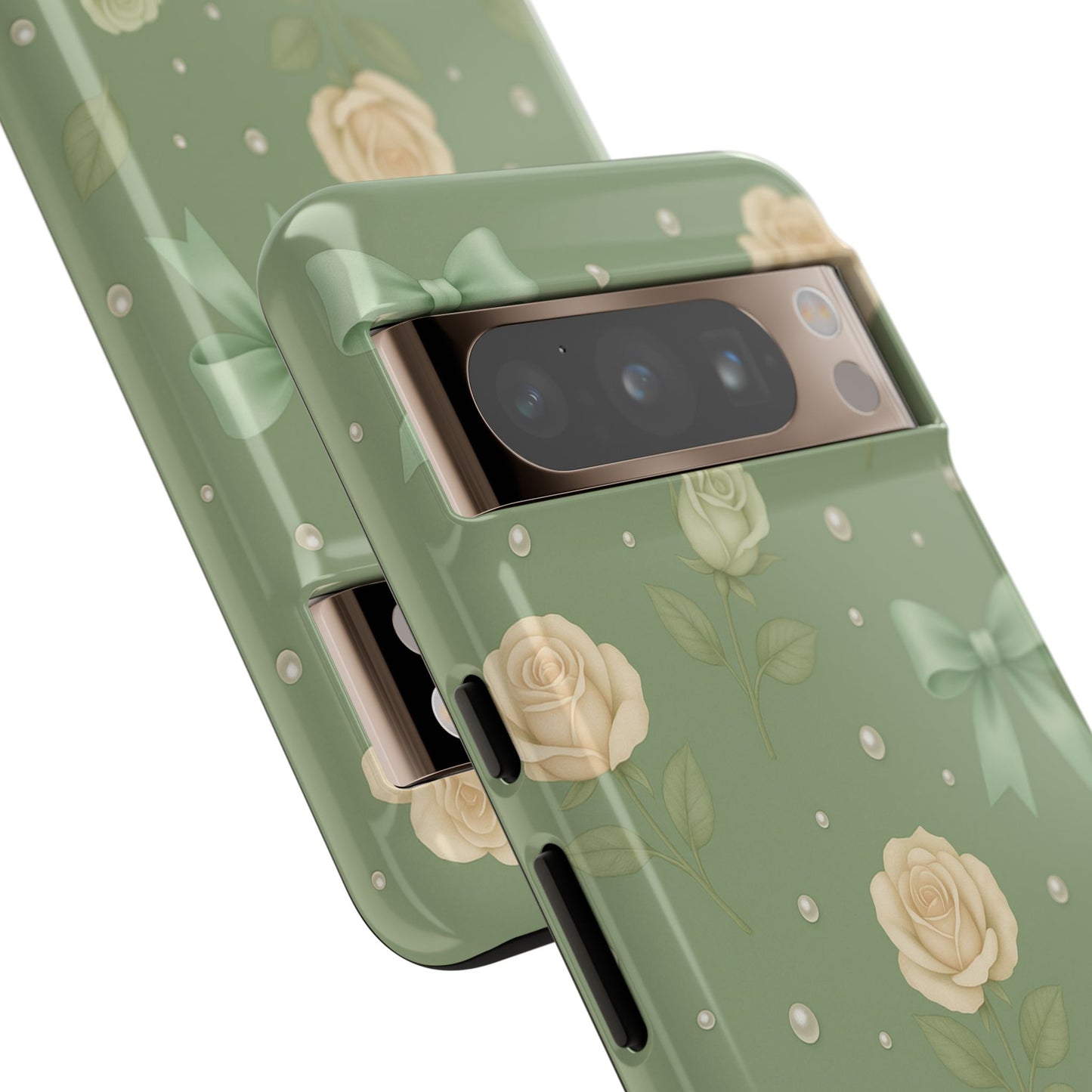 Vintage Rose Bow Phone Case – Sage Green Floral Coquette Aesthetic Tough Case (iPhone, Samsung, Pixel)