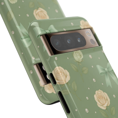 Vintage Rose Bow Phone Case – Sage Green Floral Coquette Aesthetic Tough Case (iPhone, Samsung, Pixel)