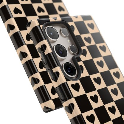 Checkerboard Heart Phone Case – Black & Beige Cute Aesthetic Protective Cover for Iphone, Samsung Galaxy and Pixel