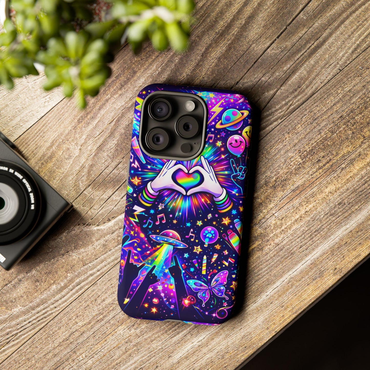 Rainbow Heart Hands Phone Case – Neon Galaxy EDM Festival Tough Cover
