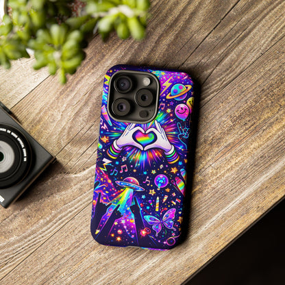 Rainbow Heart Hands Phone Case – Neon Galaxy EDM Festival Tough Cover