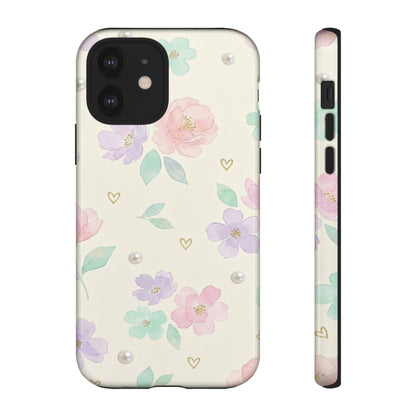 Pastel Floral Phone Case – Coquette Watercolor Flower Hearts Tough Case (iPhone, Samsung, Pixel)