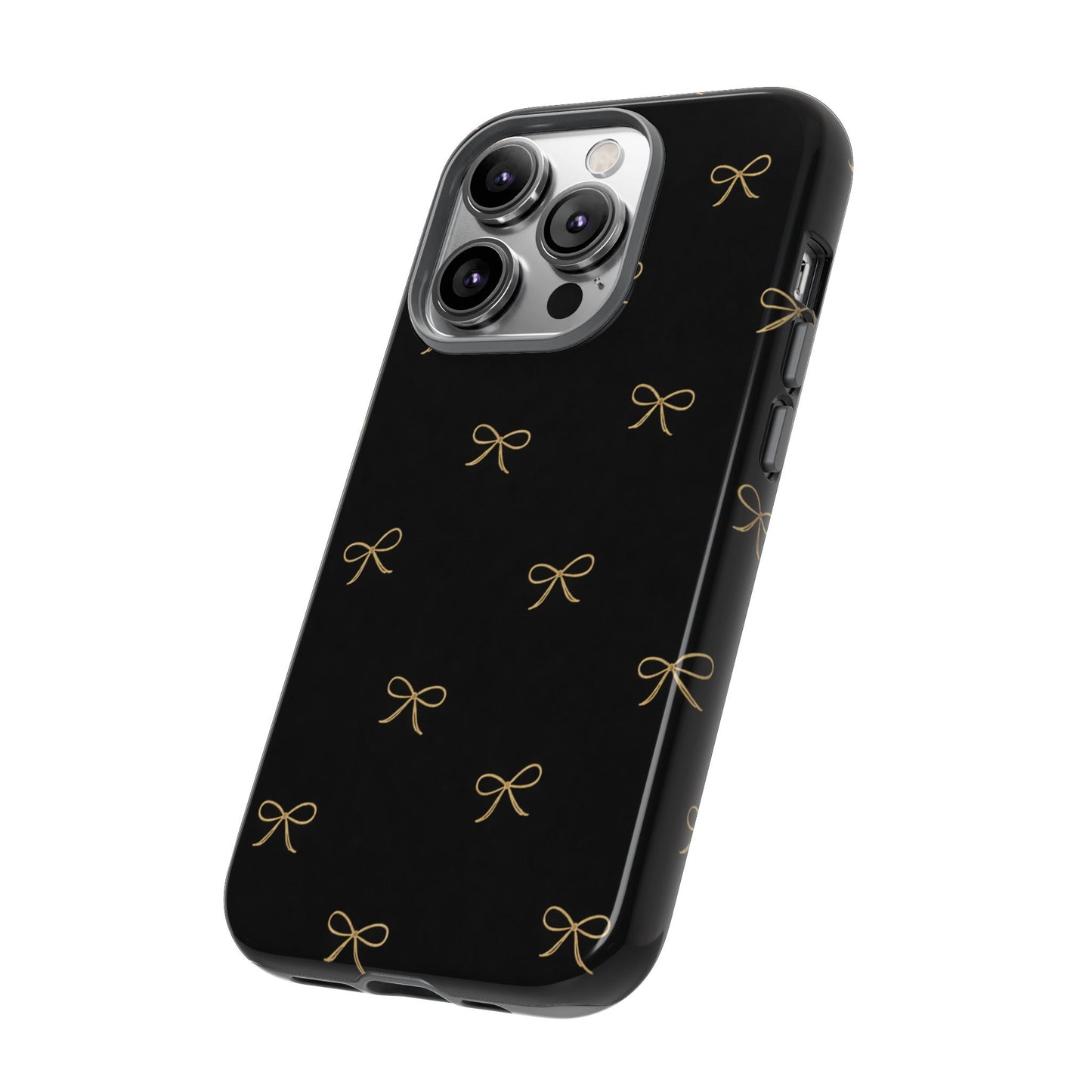 Black Phone Case with Gold Bow Pattern – Slim Protective Cute Aesthetic Cover for Iphone, Samsung Galaxy and Pixel