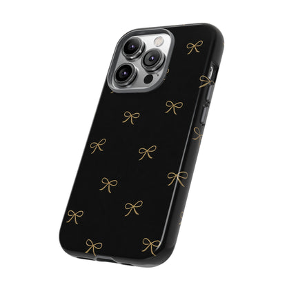 Black Phone Case with Gold Bow Pattern – Slim Protective Cute Aesthetic Cover for Iphone, Samsung Galaxy and Pixel