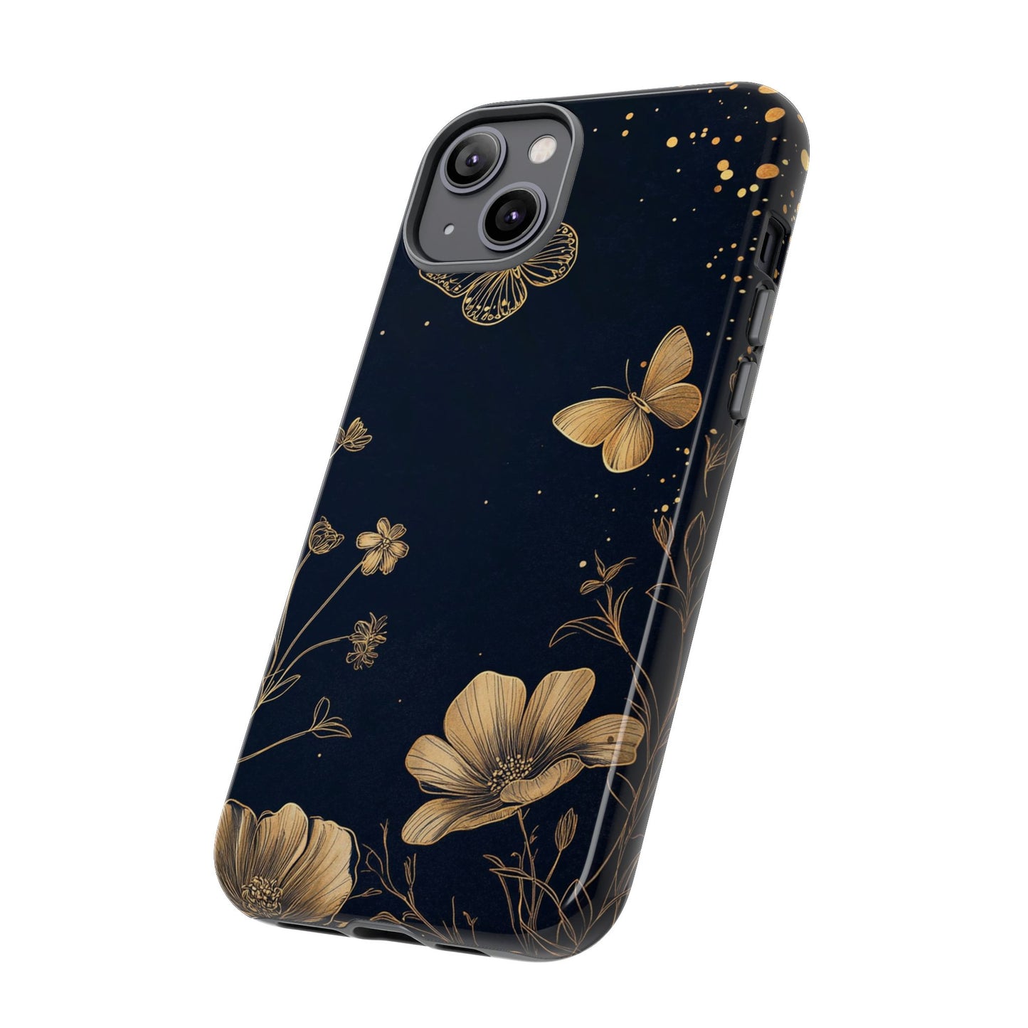 Gold Floral Butterfly Phone Case, Dark Aesthetic Botanical, Elegant Black Luxury iPhone Samsung Cover