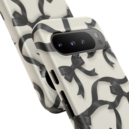 Black Ribbon Bow Phone Case, Minimal Bow Pattern Tough Protective Case