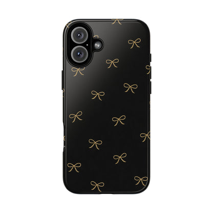 Black Phone Case with Gold Bow Pattern – Slim Protective Cute Aesthetic Cover for Iphone, Samsung Galaxy and Pixel