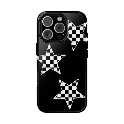 Checkered Star Tough Phone Case – Black Retro Graphic Protective Cover for Iphone, Samsung Galaxy and Pixel