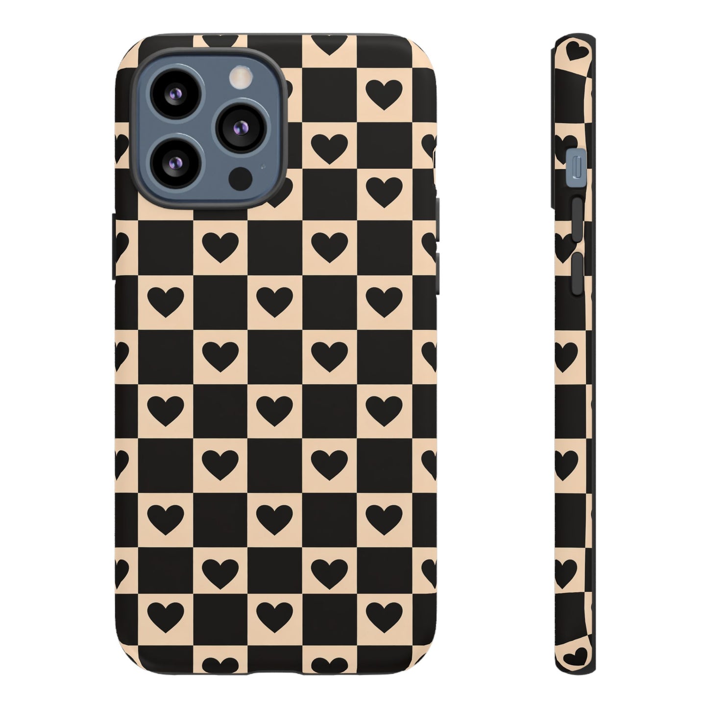 Checkerboard Heart Phone Case – Black & Beige Cute Aesthetic Protective Cover for Iphone, Samsung Galaxy and Pixel