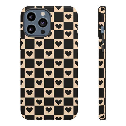 Checkerboard Heart Phone Case – Black & Beige Cute Aesthetic Protective Cover for Iphone, Samsung Galaxy and Pixel